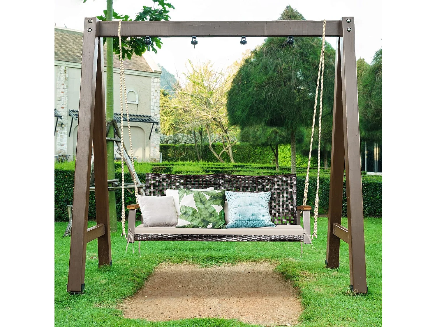 2-zits tuinschommel van rotan en natuurlijke vezels, rieten verandaschommel met armleuning en kussen van acaciahout, hangende bank met 2 ophangkabels van 300 cm, belasting 360 kg (beige)