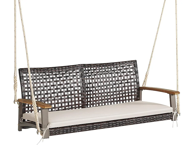 2-zits tuinschommel van rotan en natuurlijke vezels, rieten verandaschommel met armleuning en kussen van acaciahout, hangende bank met 2 ophangkabels van 300 cm, belasting 360 kg (beige)