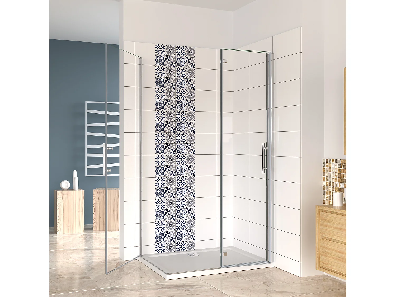 Falttür(76cm) x Drehtür(70cm) x Höhe 185cm Nano ESG Eckdukabine Duschabtrennung Eckdusche