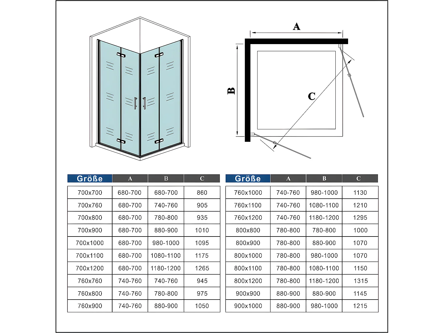 B:90xT:100x185cm Falttür Drehtür Eckeinstieg Duschabtrennung Duschkabine Dusche