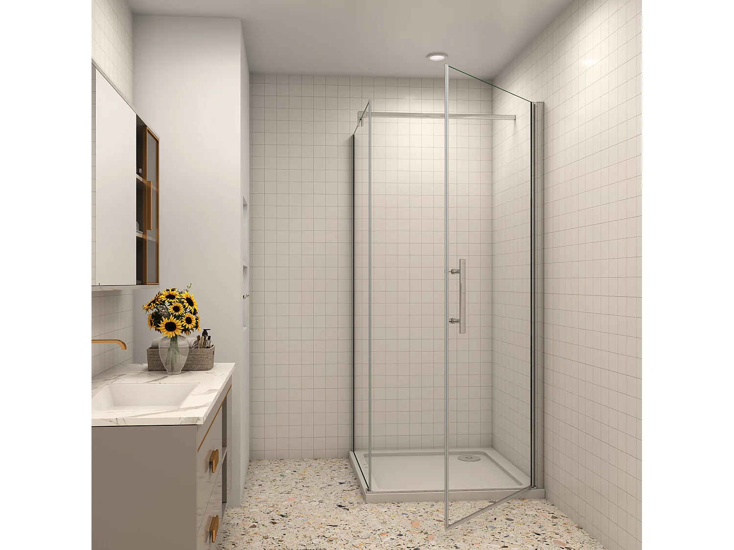 Duschwand: 100x76cm Duschkabine Duschabtrennung Eckeinstieg Dusche Duschtür 6mm NANO-Glas Höhe: 195cm mit Stabilisator 140cm