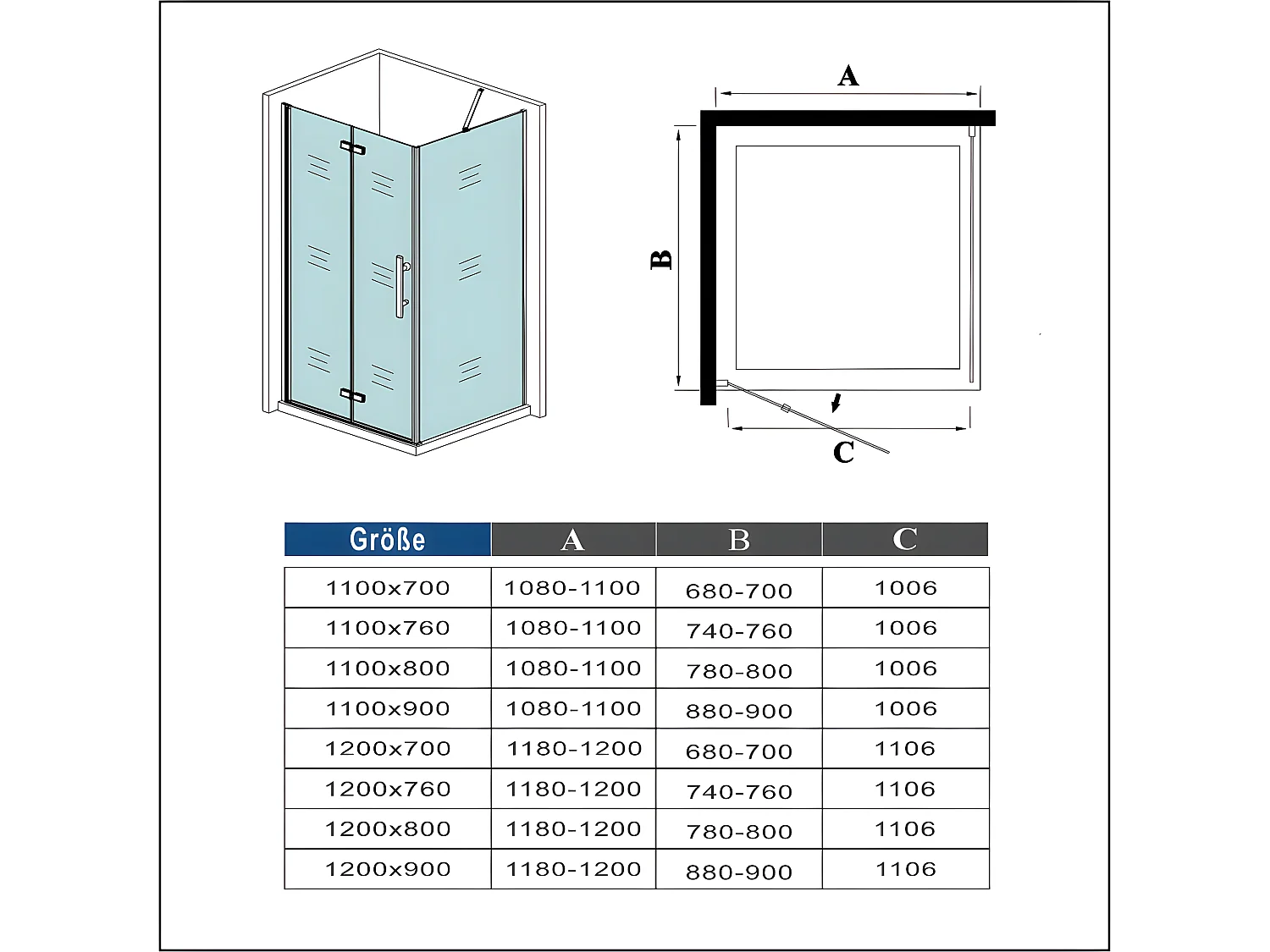 B:120xT:80x195cm Falttür Drehtür Eckeinstieg Duschabtrennung Duschkabine Dusche