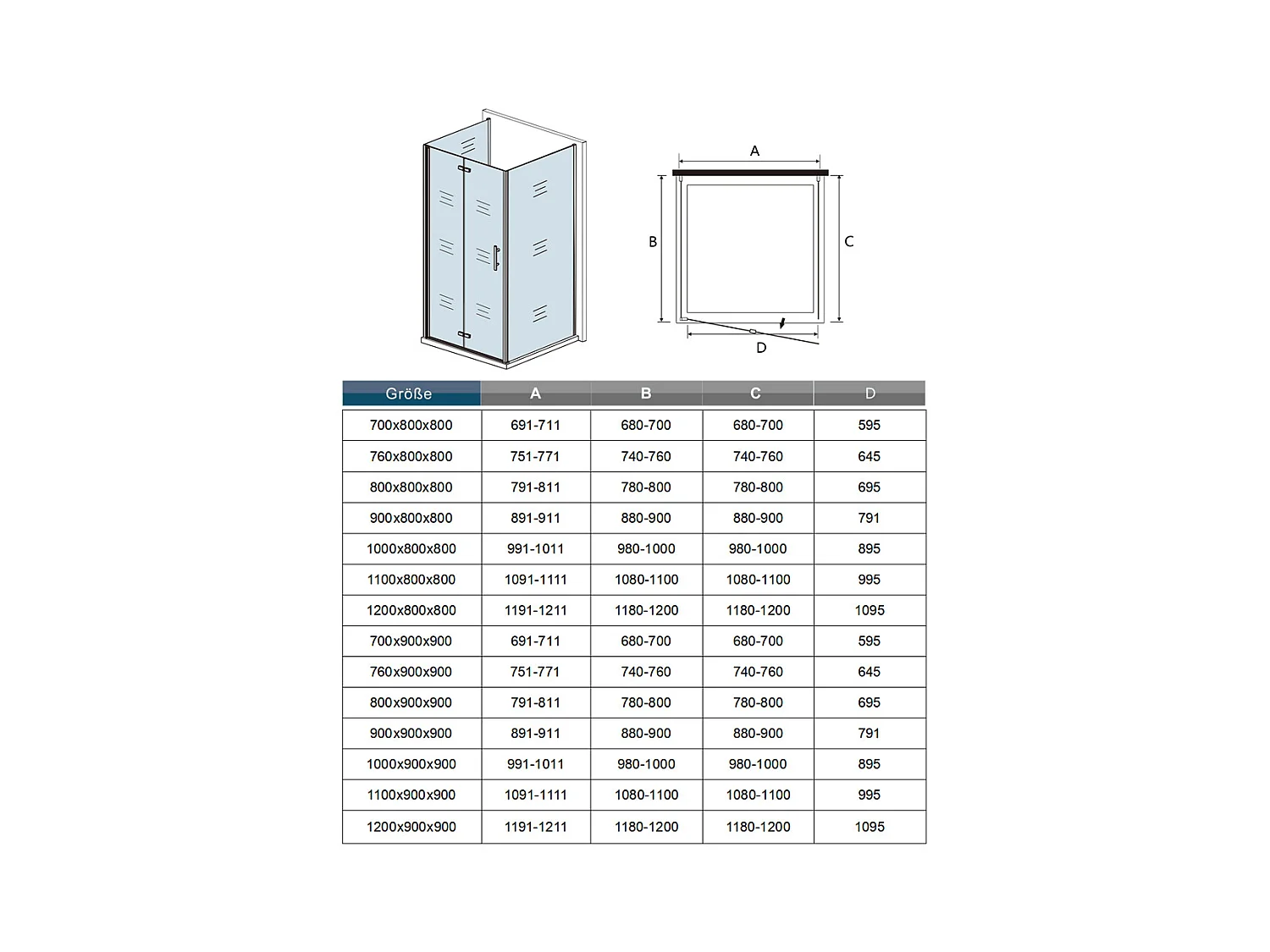 U-Form Drehtür:100cm+2xSeitenwand:80cm