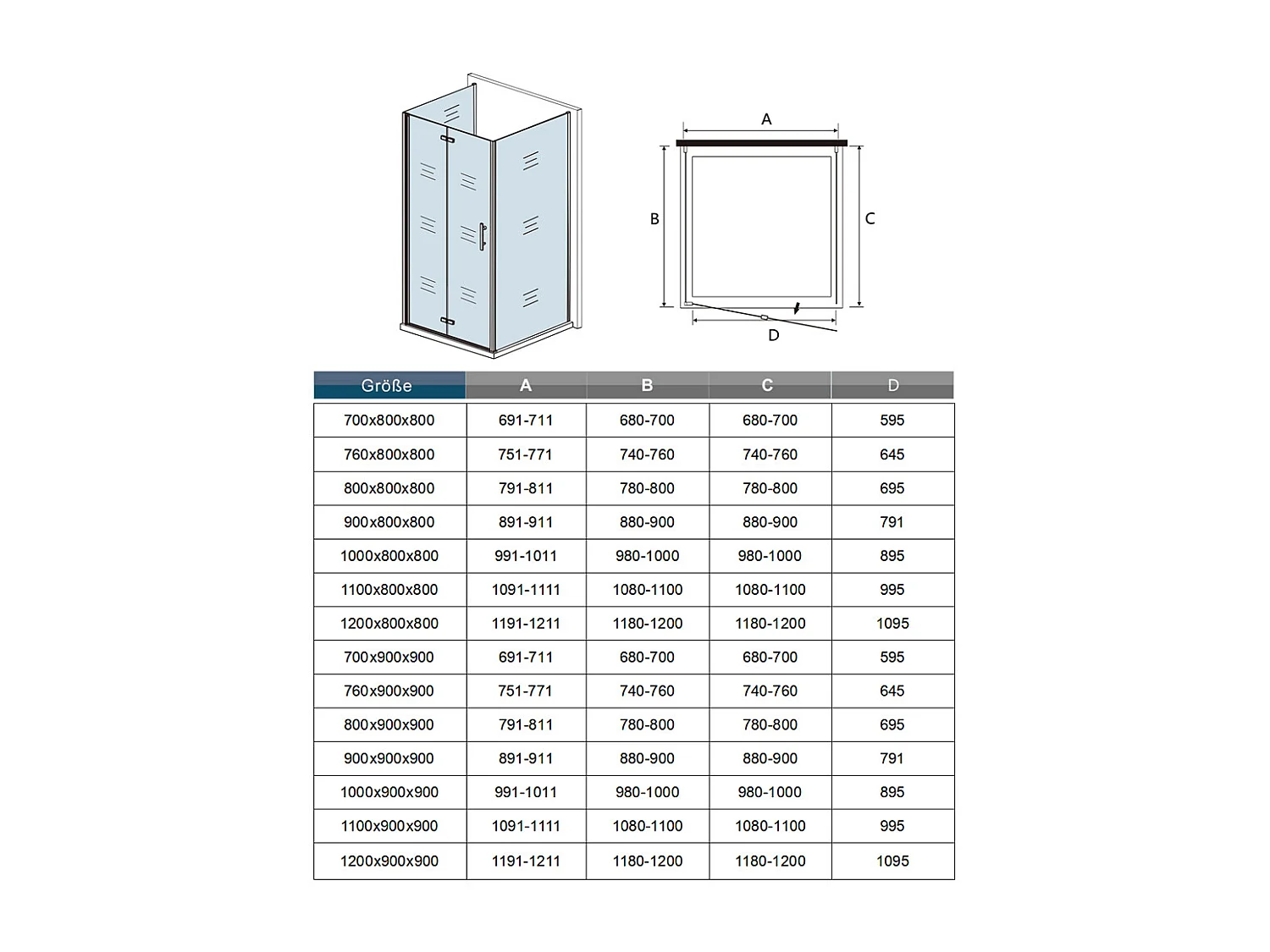 U-Form Drehtür:100cm+2xSeitenwand:80cm