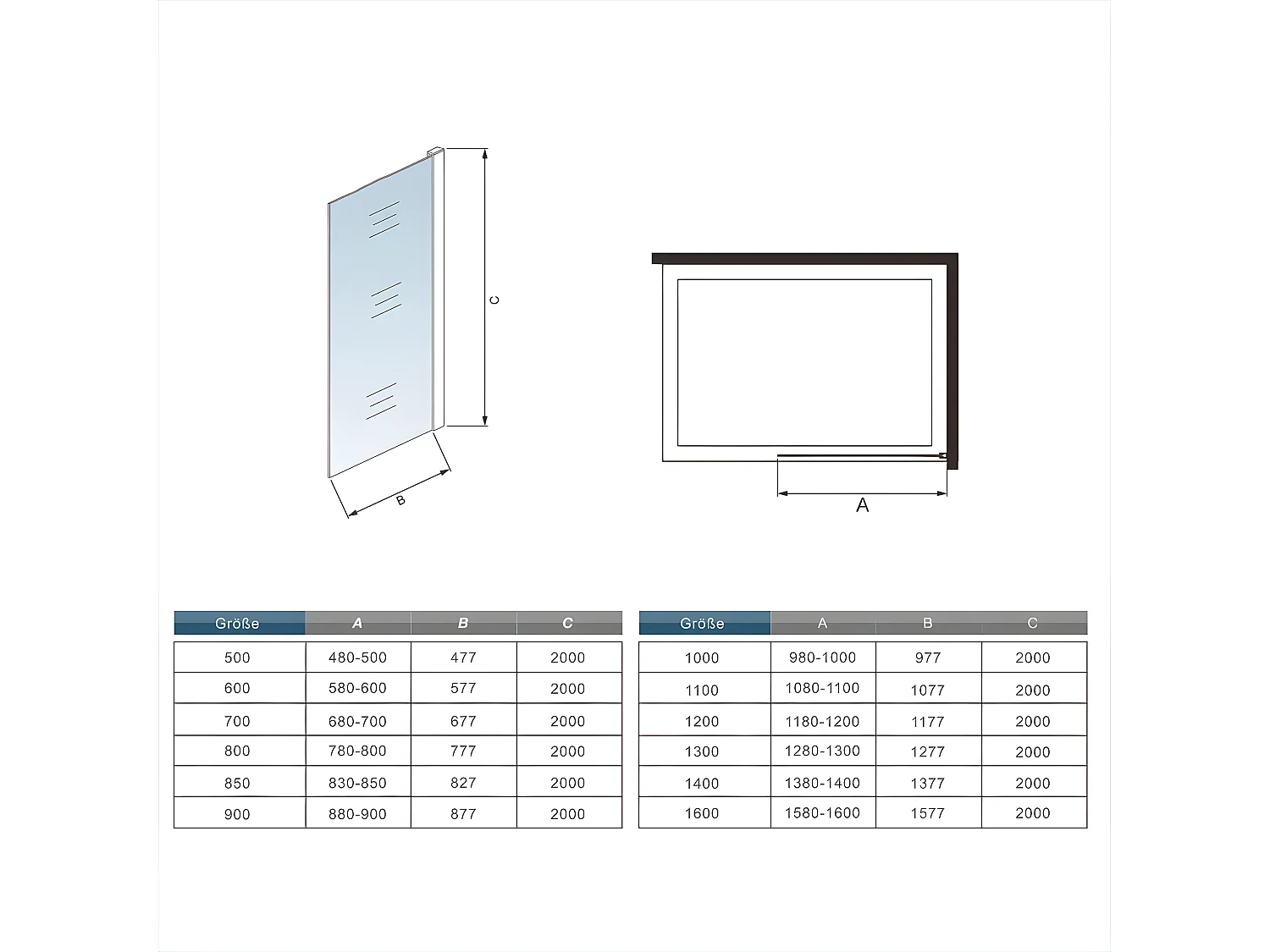 160x200cm+F Form: 90cm Stabilisator 8mm Nano Sicherheitsglas Walk in Duschwand Duschabtrennung Höhe 200cm