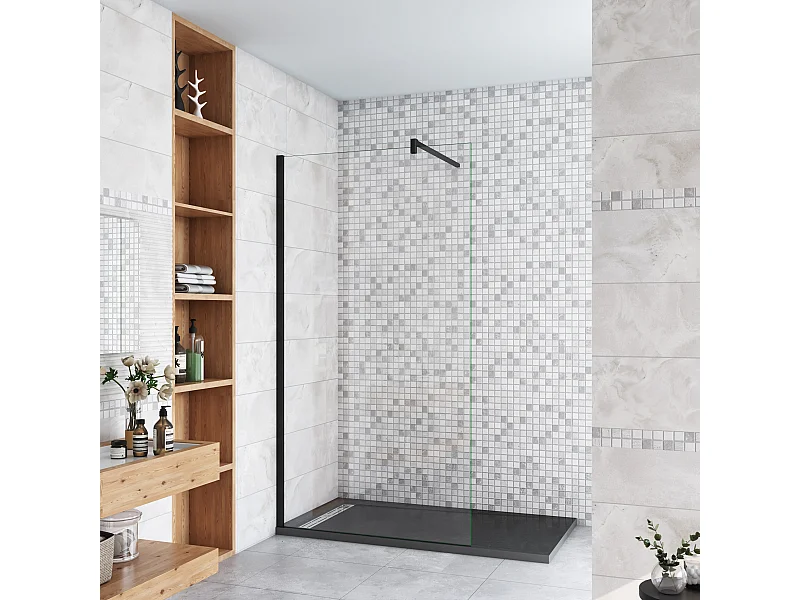 90x200cm Schwarzrahmen Walk in Duschkabine Duschwand +F Form 90cm Stabilisator 10mm NANO ESG-Glas Duschabtrennung Duschtrennwand