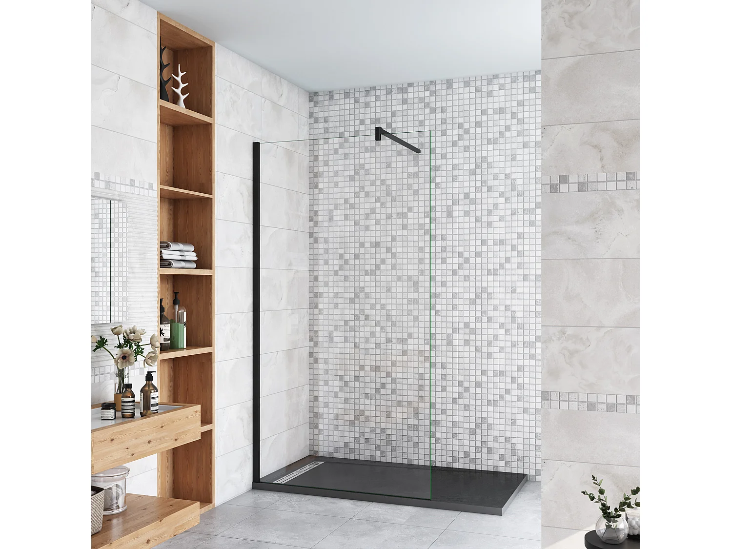 80x200cm Schwarzrahmen Walk in Duschkabine Duschwand +F Form 140cm Stabilisator 8mm NANO ESG-Glas Duschabtrennung Duschtrennwand