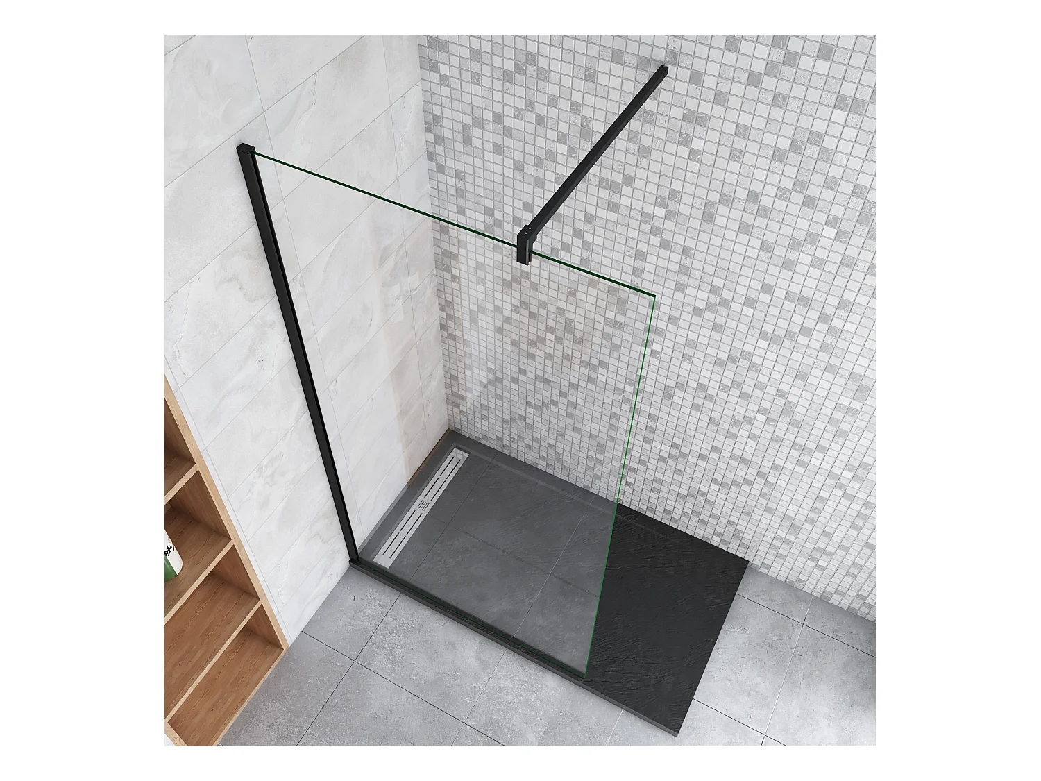 140x200cm Schwarzrahmen Walk in Duschkabine Duschwand +F Form 140cm Stabilisator 8mm NANO ESG-Glas Duschabtrennung Duschtrennwand