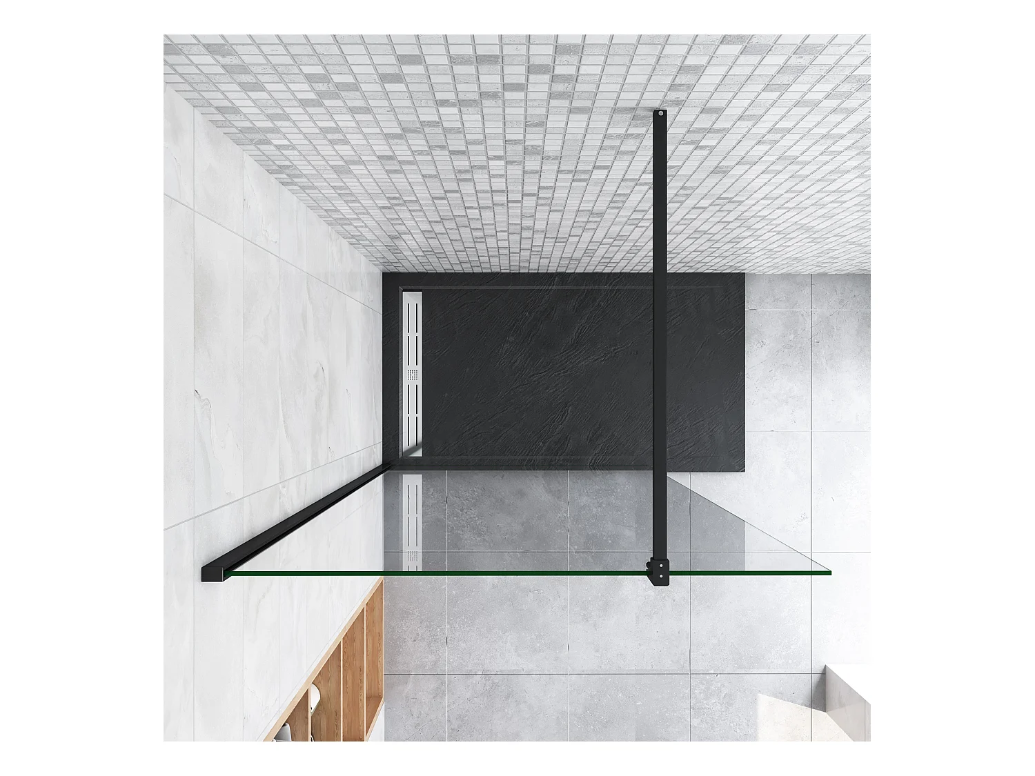 140x200cm Schwarzrahmen Walk in Duschkabine Duschwand +F Form 140cm Stabilisator 8mm NANO ESG-Glas Duschabtrennung Duschtrennwand