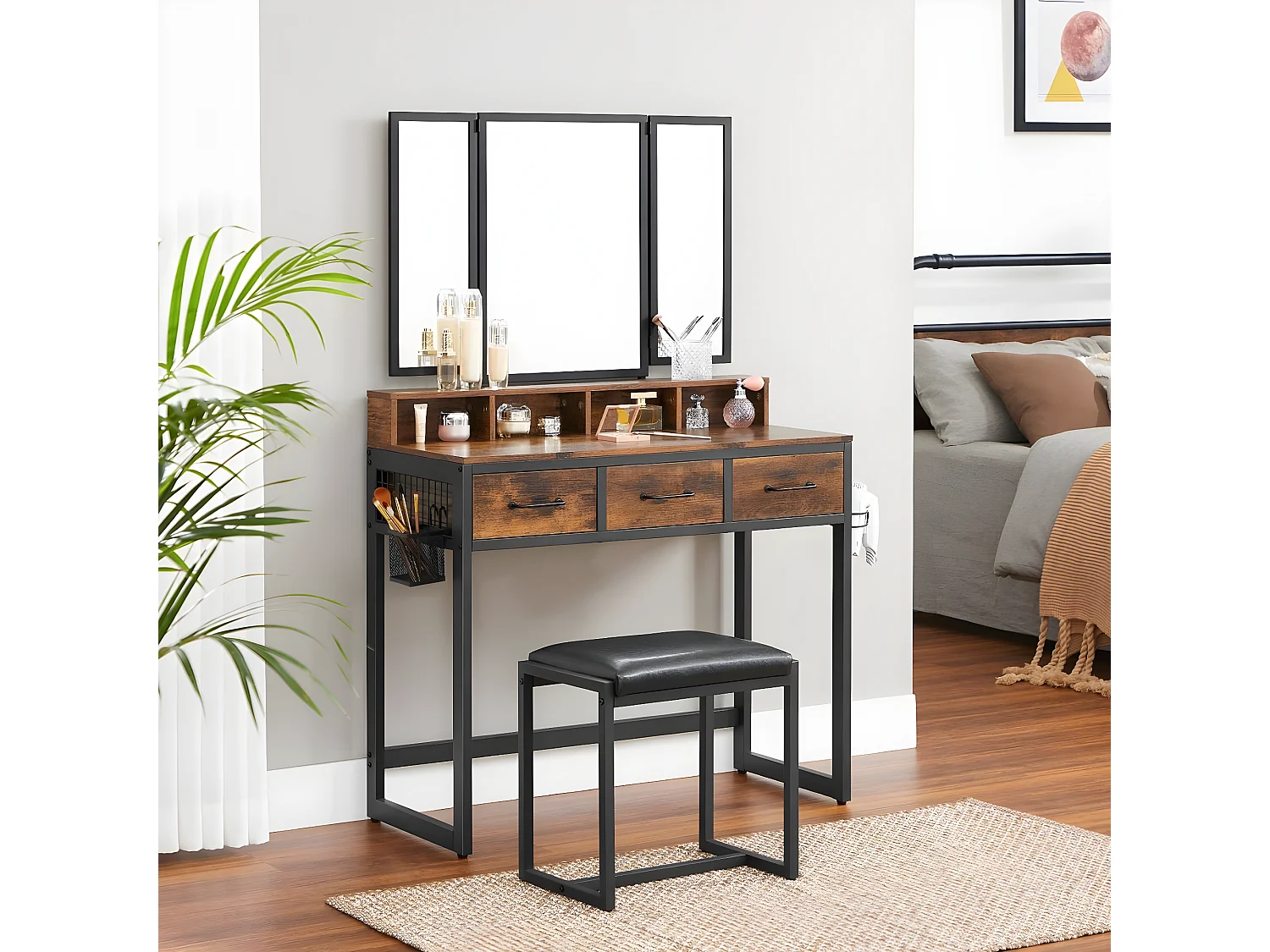 Consola de maquillaje con espejo, almacenamiento y taburete - L90 cm