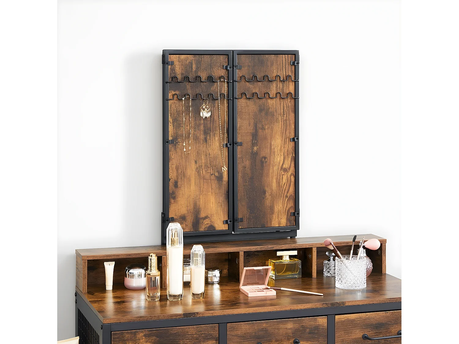 Consola de maquillaje con espejo, almacenamiento y taburete - L90 cm