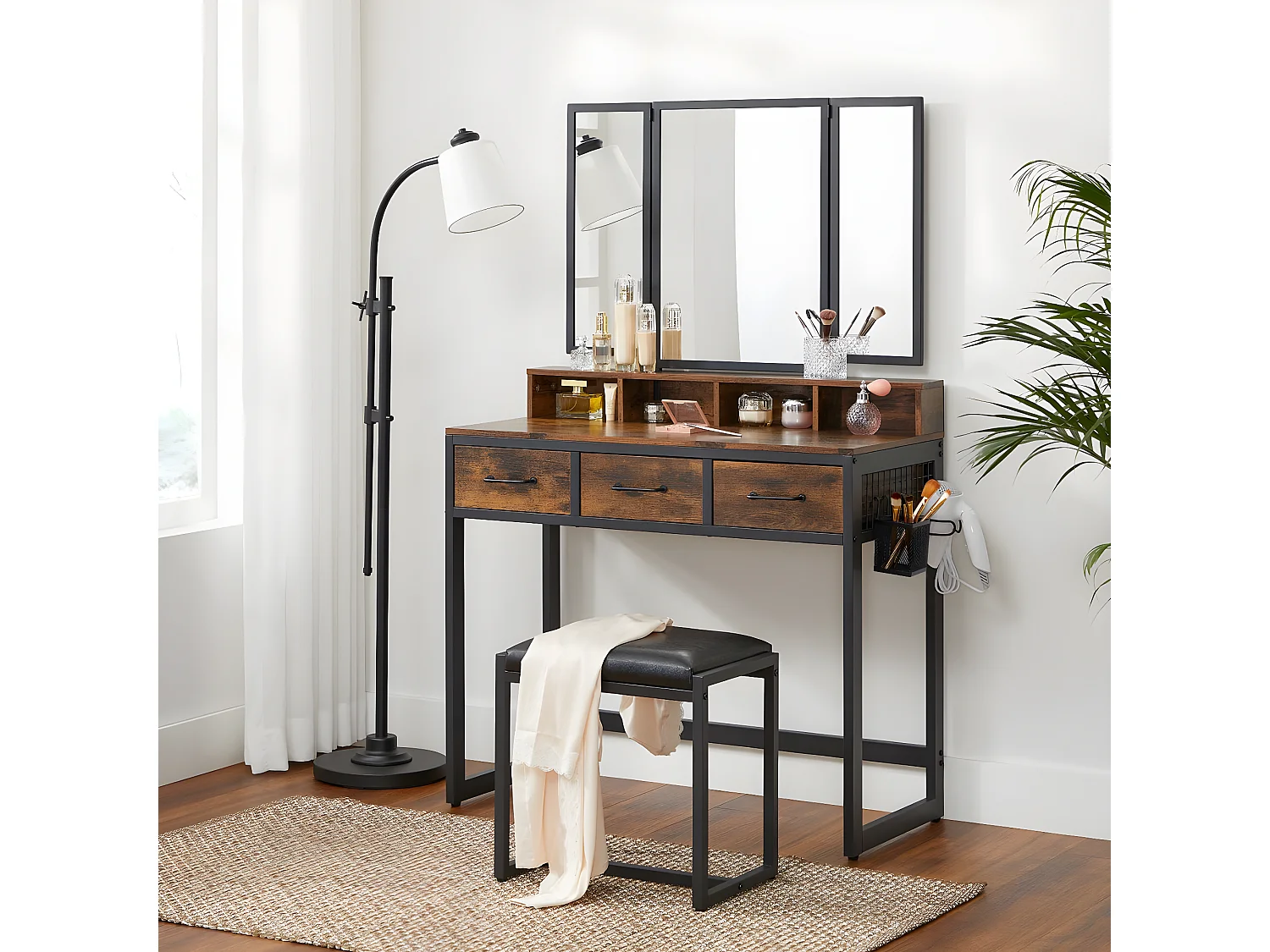 Consola de maquillaje con espejo, almacenamiento y taburete - L90 cm