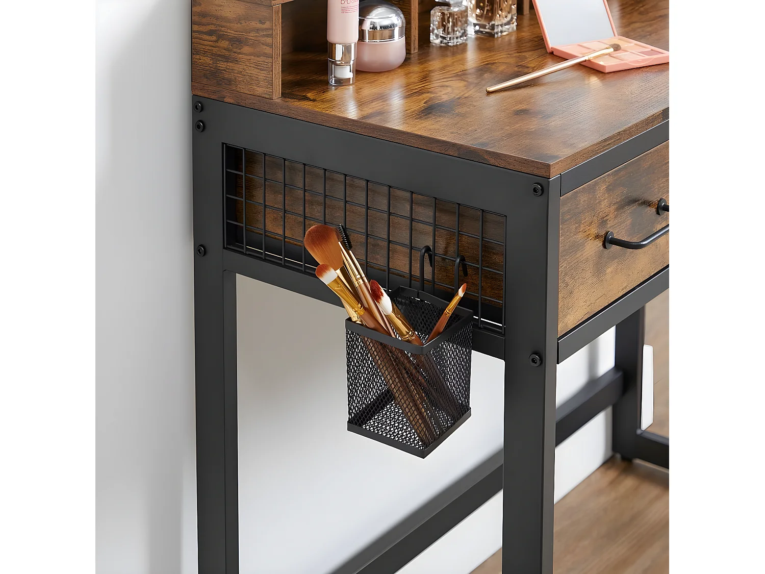 Consolle per trucco con specchio, ripiani e sgabello - L90 cm