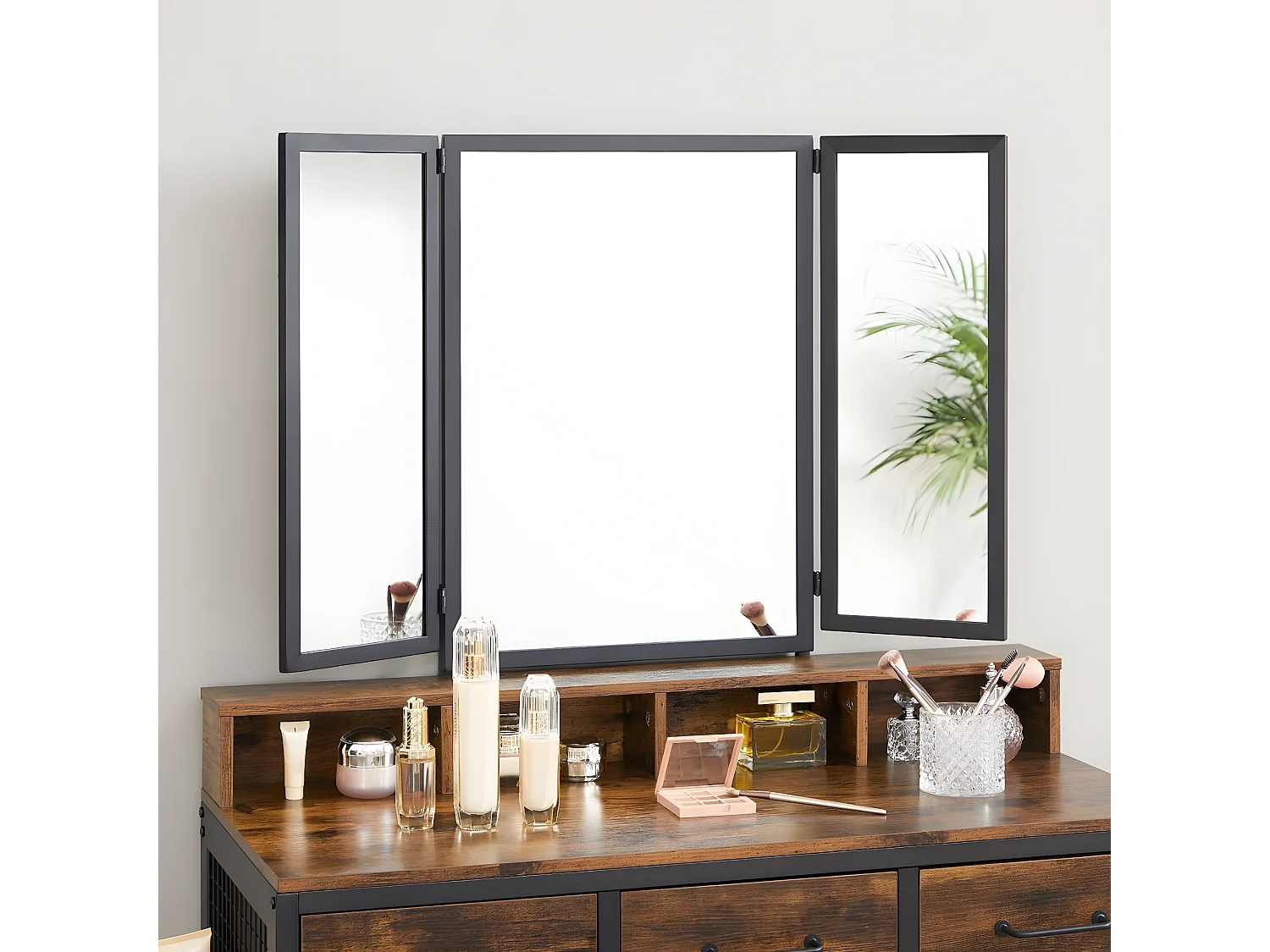 Consolle per trucco con specchio, ripiani e sgabello - L90 cm