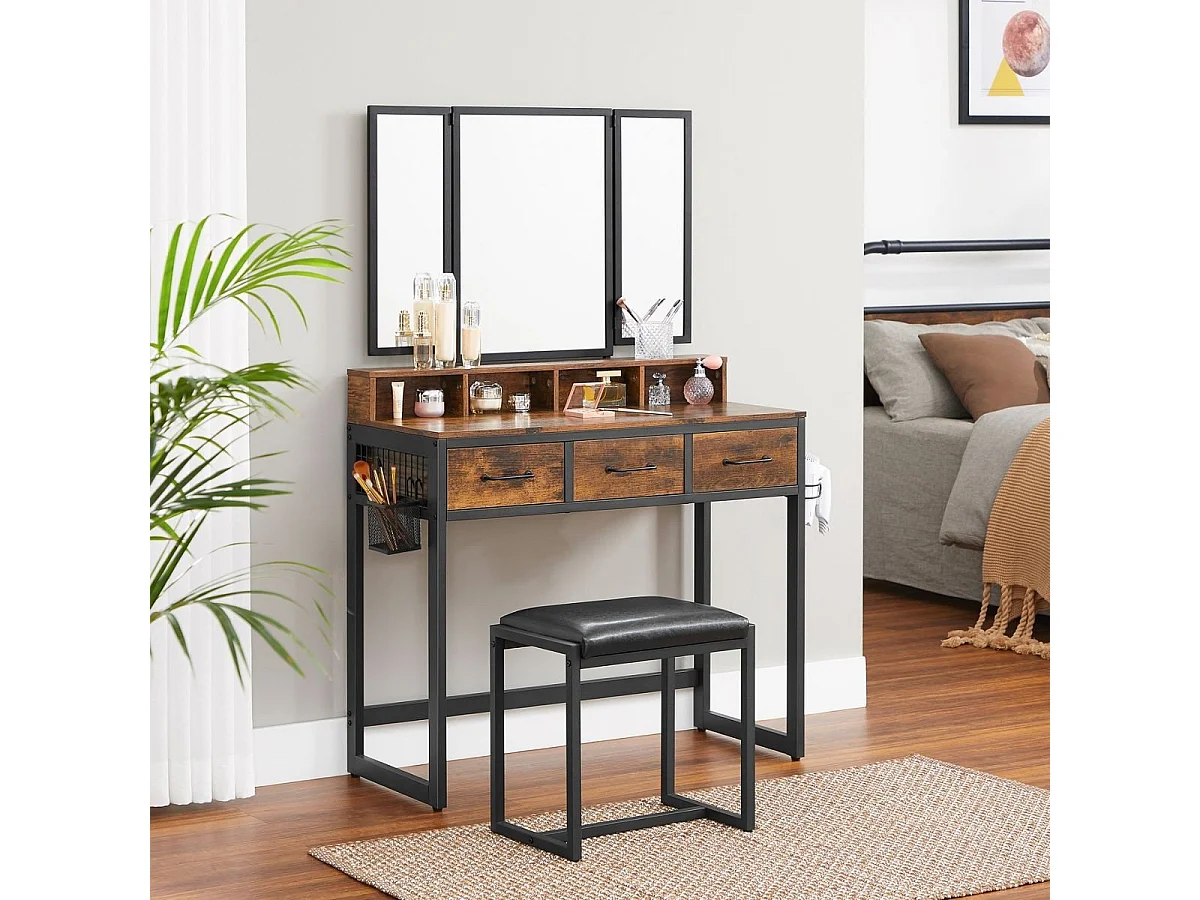 Coiffeuse avec Miroir, Rangements et Tabouret - L90 cm