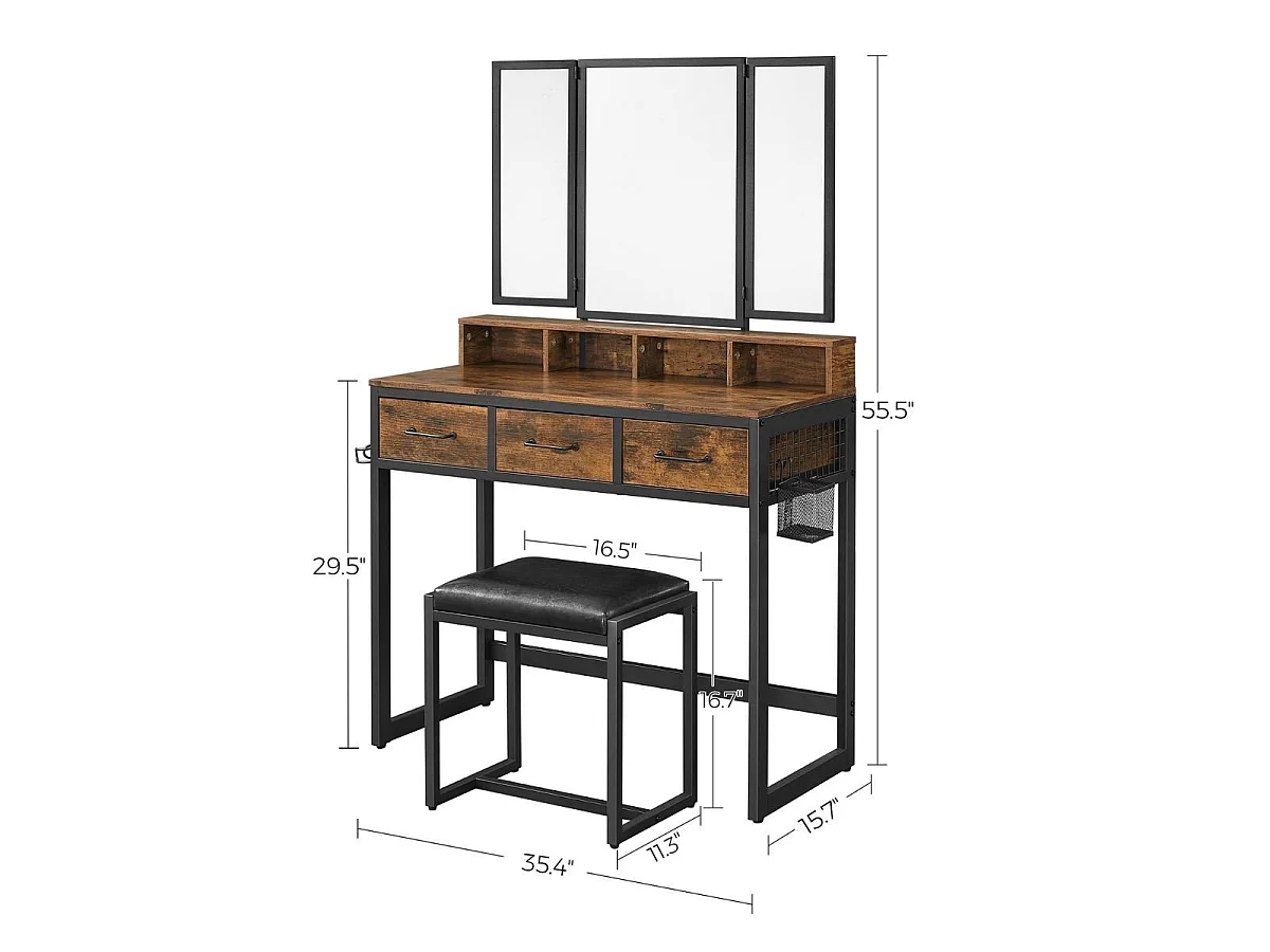 Coiffeuse avec Miroir, Rangements et Tabouret - L90 cm