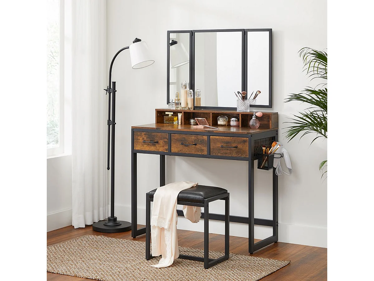 Coiffeuse avec Miroir, Rangements et Tabouret - L90 cm