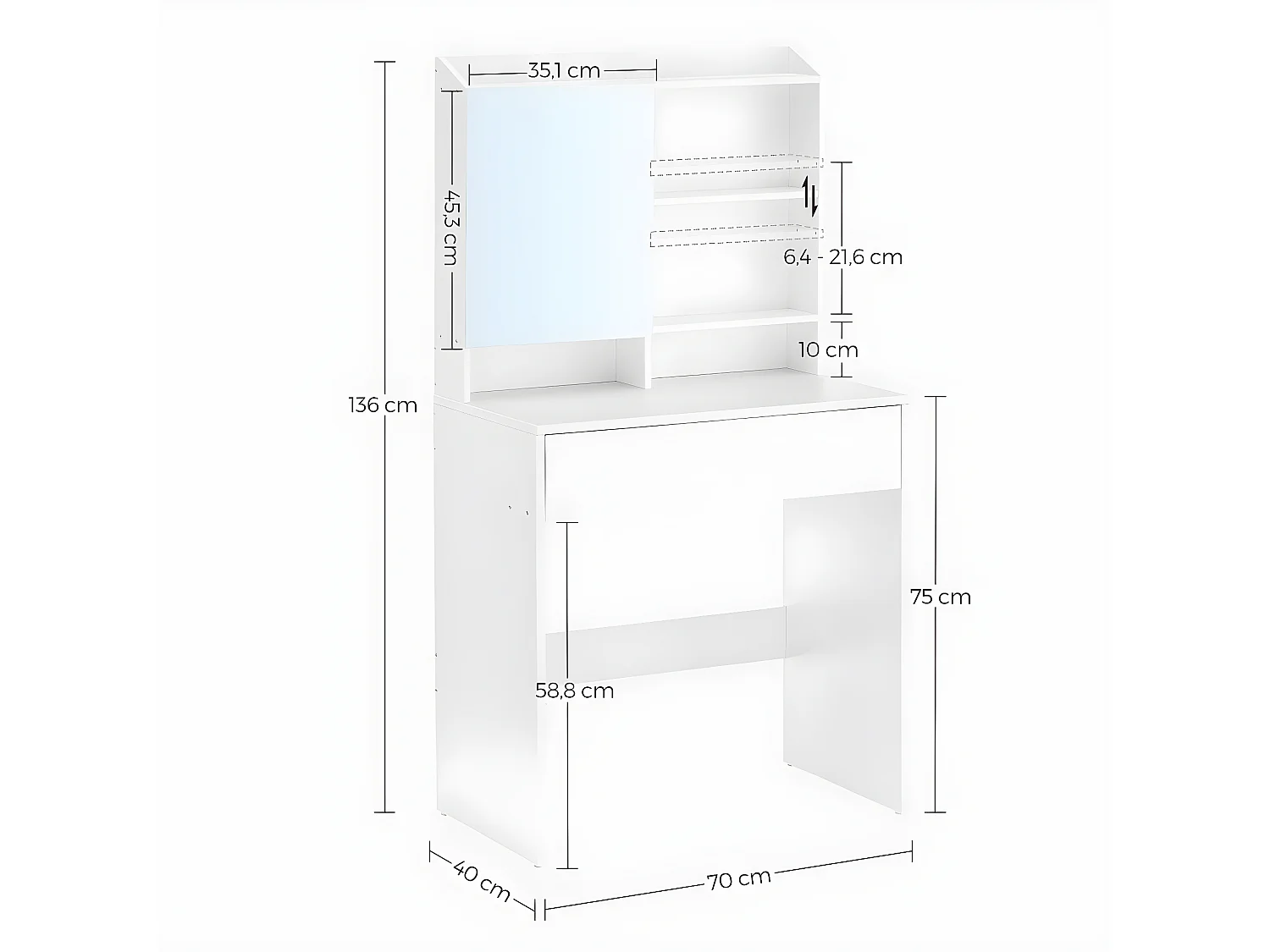 Coiffeuse 1 tiroir et 3 étagères avec miroir - H136 cm
