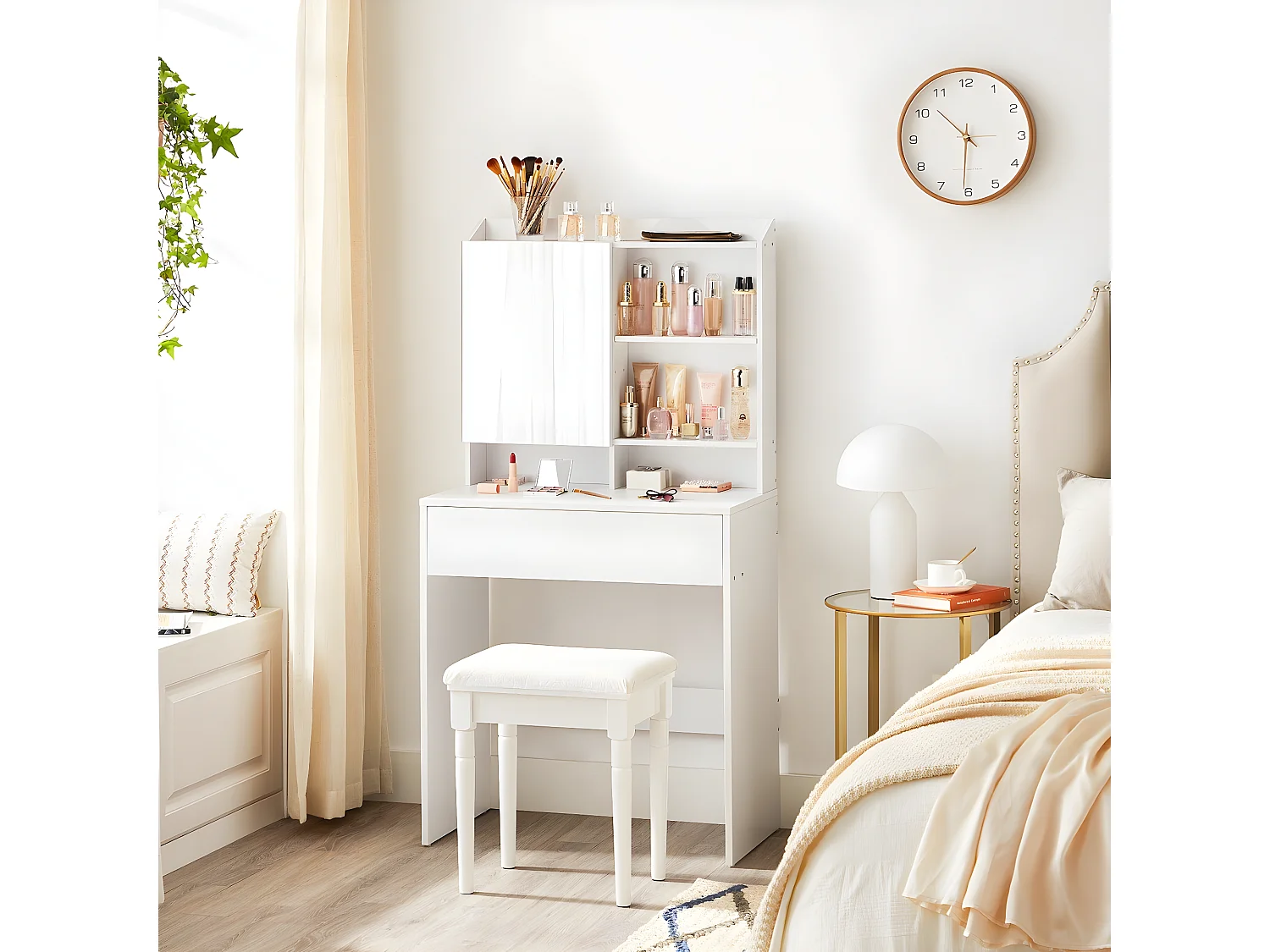 Coiffeuse 1 tiroir et 3 étagères avec miroir - H136 cm