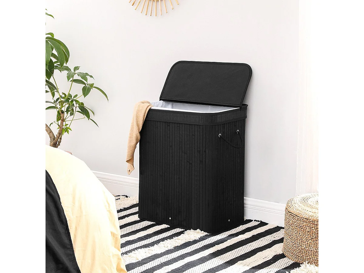Cesto per biancheria con coperchio nero in bambù - L53,45 cm