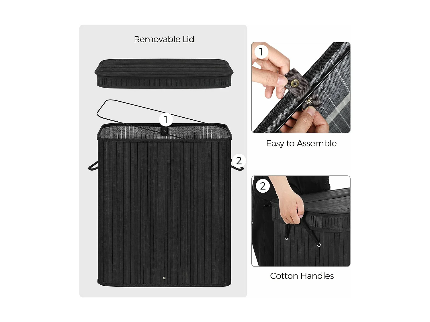 Cesto per biancheria con coperchio nero in bambù - L53,45 cm