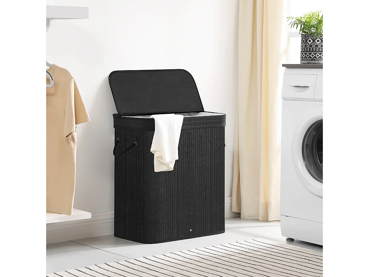 Cesto per biancheria con coperchio nero in bambù - L53,45 cm