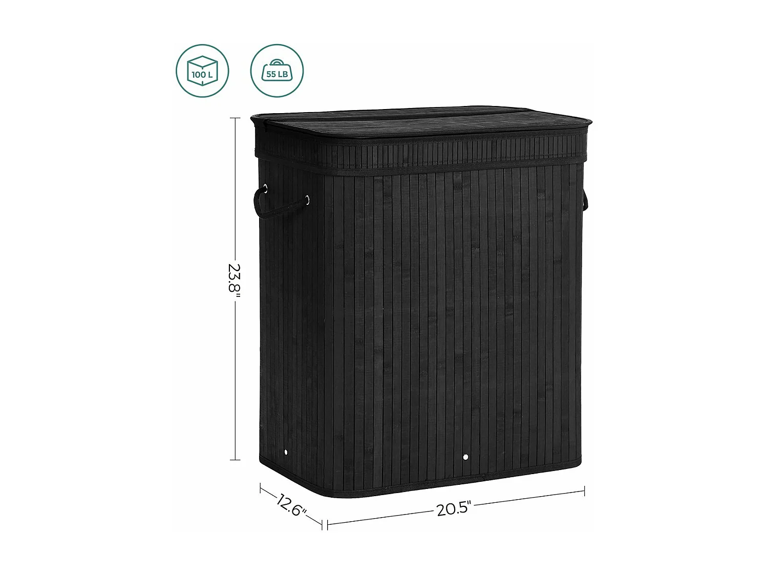 Cesto per biancheria con coperchio nero in bambù - L53,45 cm