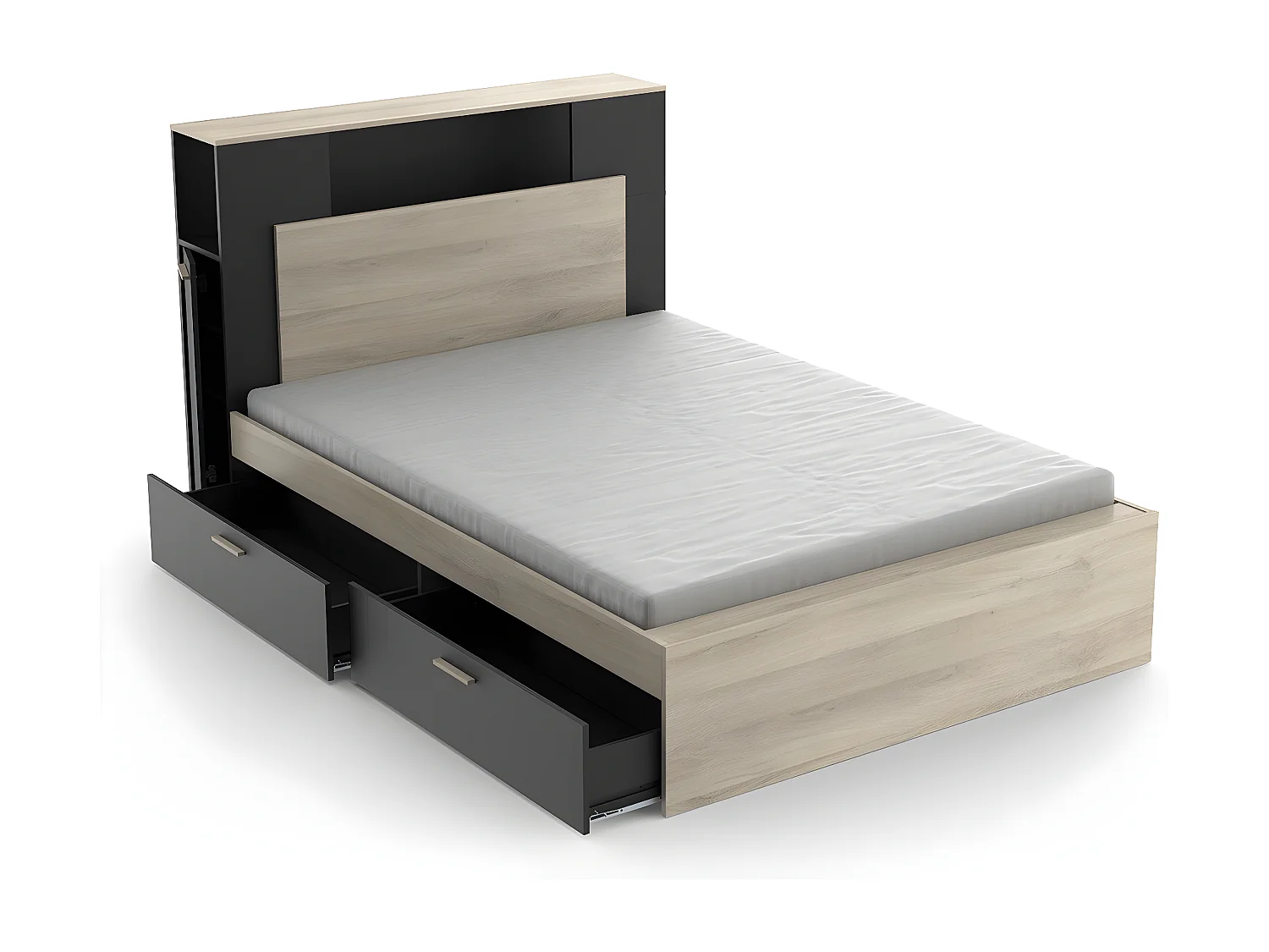 Lit 140x190/200 cm avec 4 tiroirs décor chêne kronberg et noir - L145 cm
