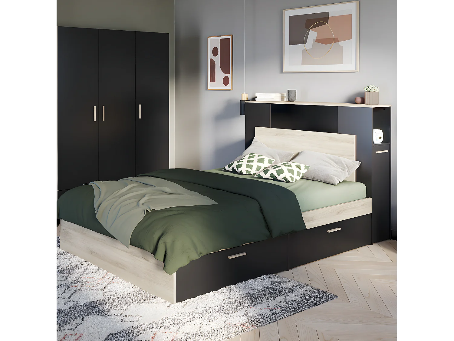 Lit 140x190/200 cm avec 4 tiroirs décor chêne kronberg et noir - L145 cm