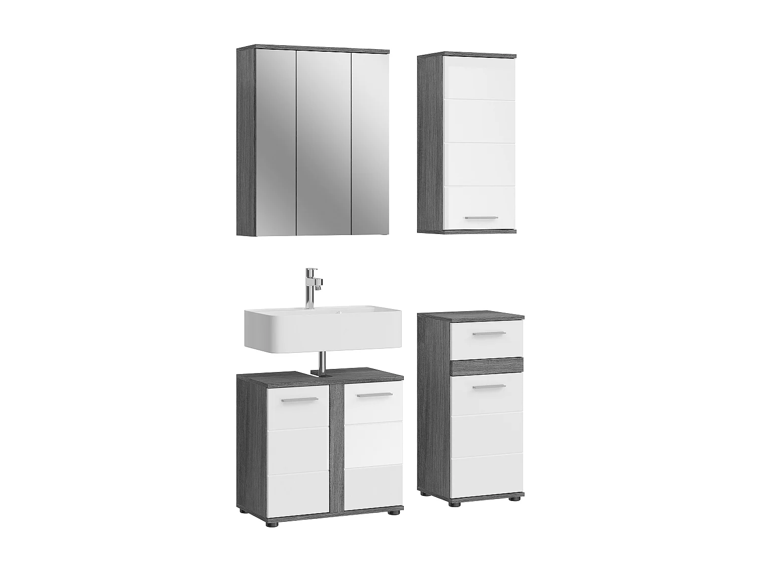 Kaleb - Ensemble de 4 meubles de salle de bains en mélaminé blanc et argenté, vasque non incluse (L/H/P : 114x191x34 cm)