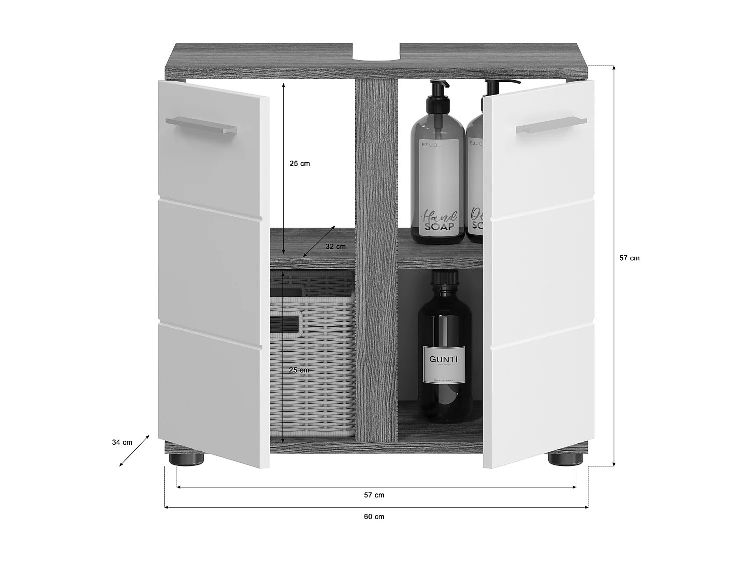 Kaleb - Ensemble de 4 meubles de salle de bains en mélaminé blanc et argenté, vasque non incluse (L/H/P : 114x191x34 cm)