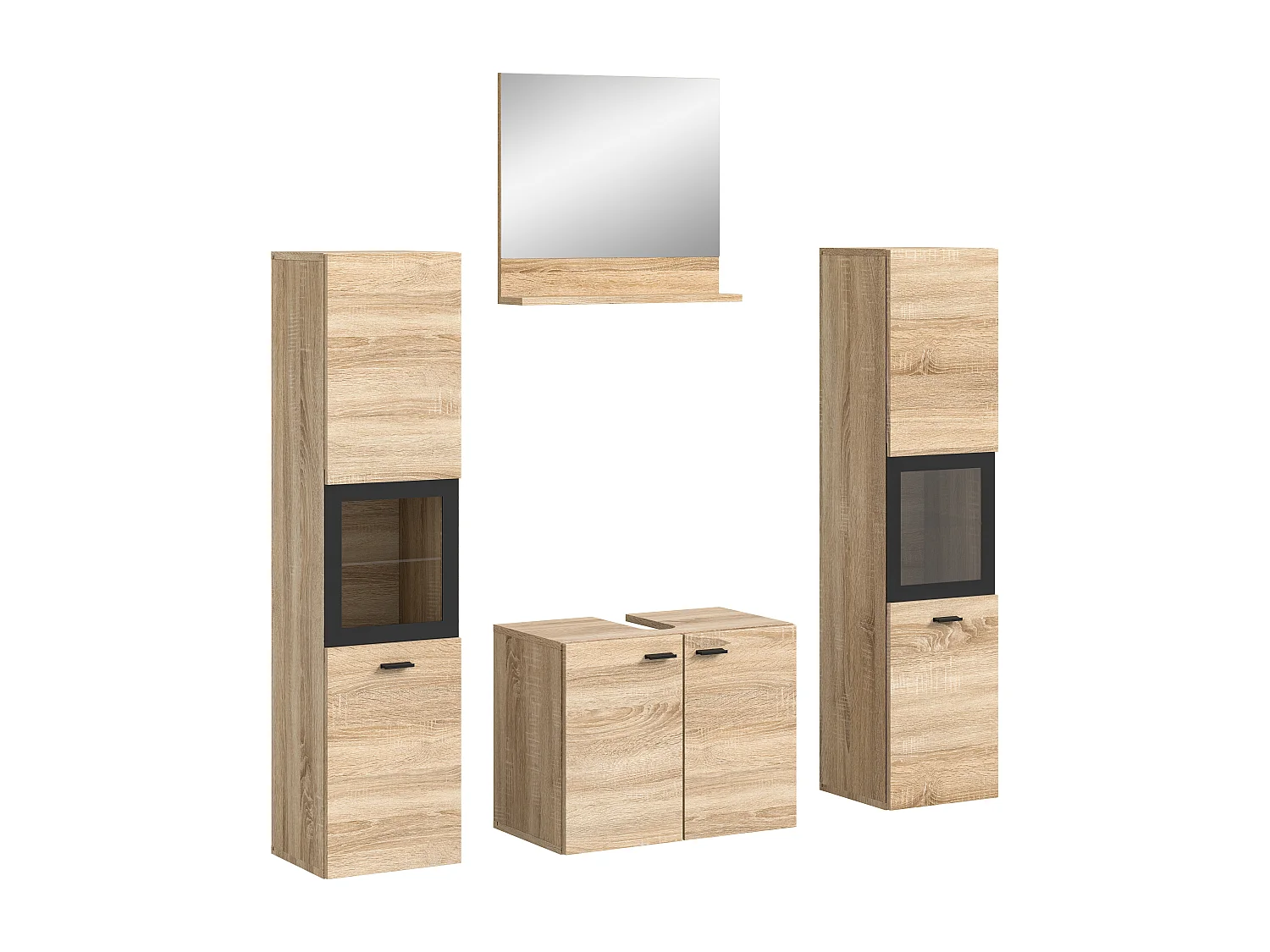 Tambo - Ensemble de 4 meubles de salle de bains (L/H/P : 137x186x33 cm) en mélaminé chêne, vasque non incluse