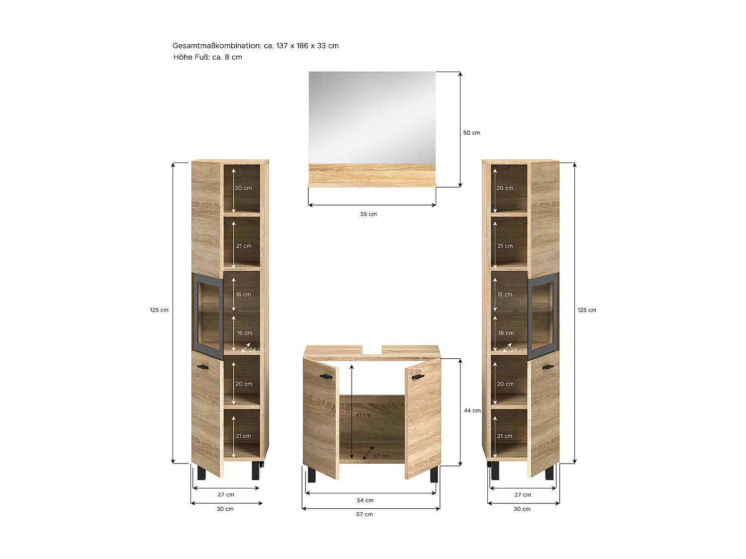 Tambo - Ensemble de 4 meubles de salle de bains (L/H/P : 137x186x33 cm) en mélaminé chêne, vasque non incluse