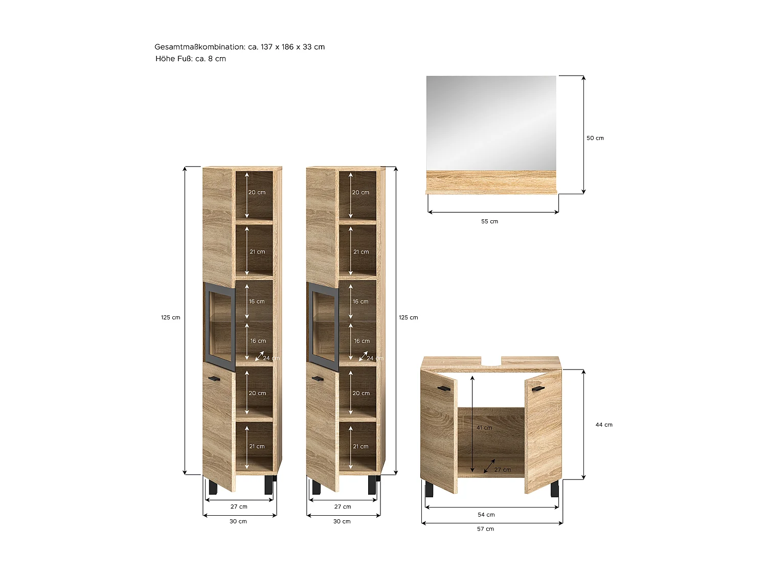 Tambo - Ensemble de 4 meubles de salle de bains (L/H/P : 137x186x33 cm) en mélaminé chêne, vasque non incluse