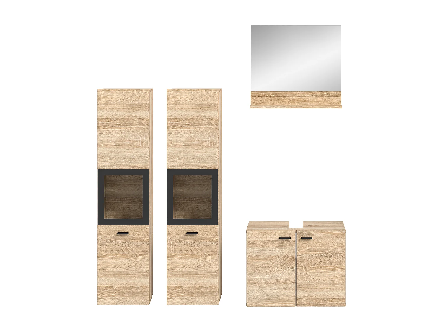 Tambo - Ensemble de 4 meubles de salle de bains (L/H/P : 137x186x33 cm) en mélaminé chêne, vasque non incluse