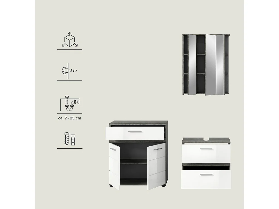 Blake Badmöbelset B6 Weiß hochglanz, grau.