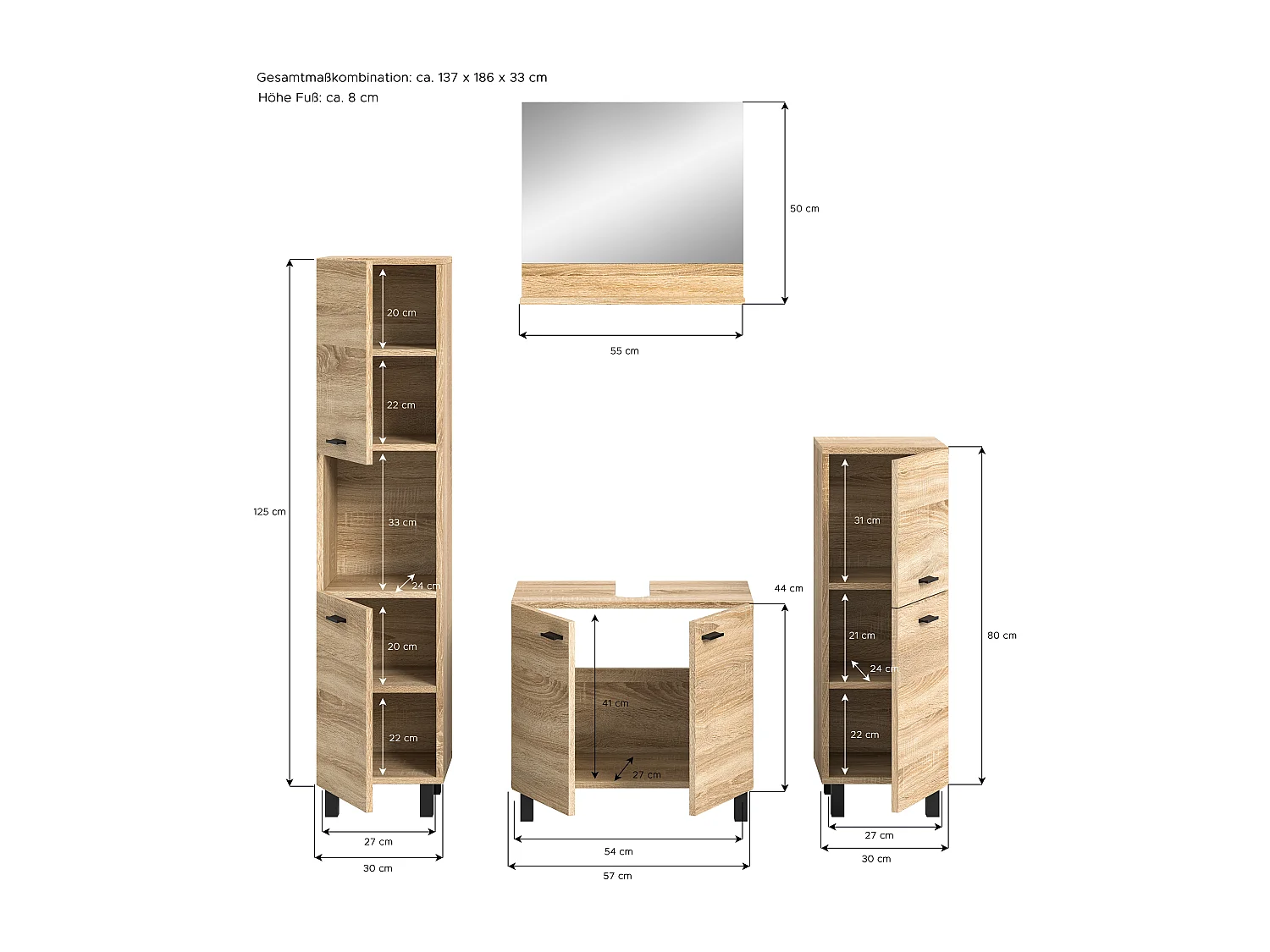 Tambo - Ensemble de 4 meubles de salle de bains (L/H/P : 137x186x33 cm) en mélaminé chêne, vasque non incluse