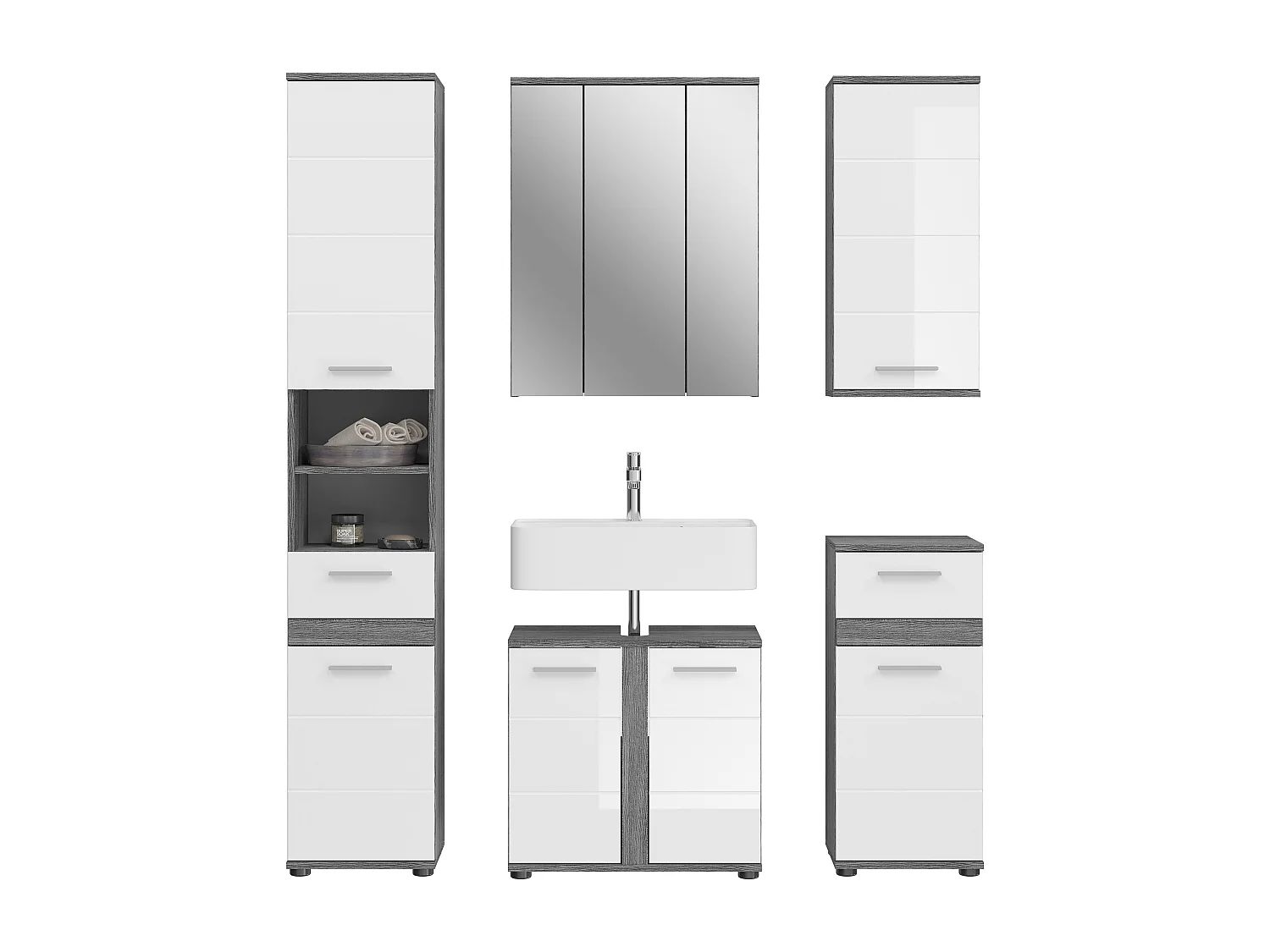 Kaleb - Ensemble de 5 meubles de salle de bains en mélaminé blanc et argenté, vasque non incluse (L/H/P : 164x191x34 cm)