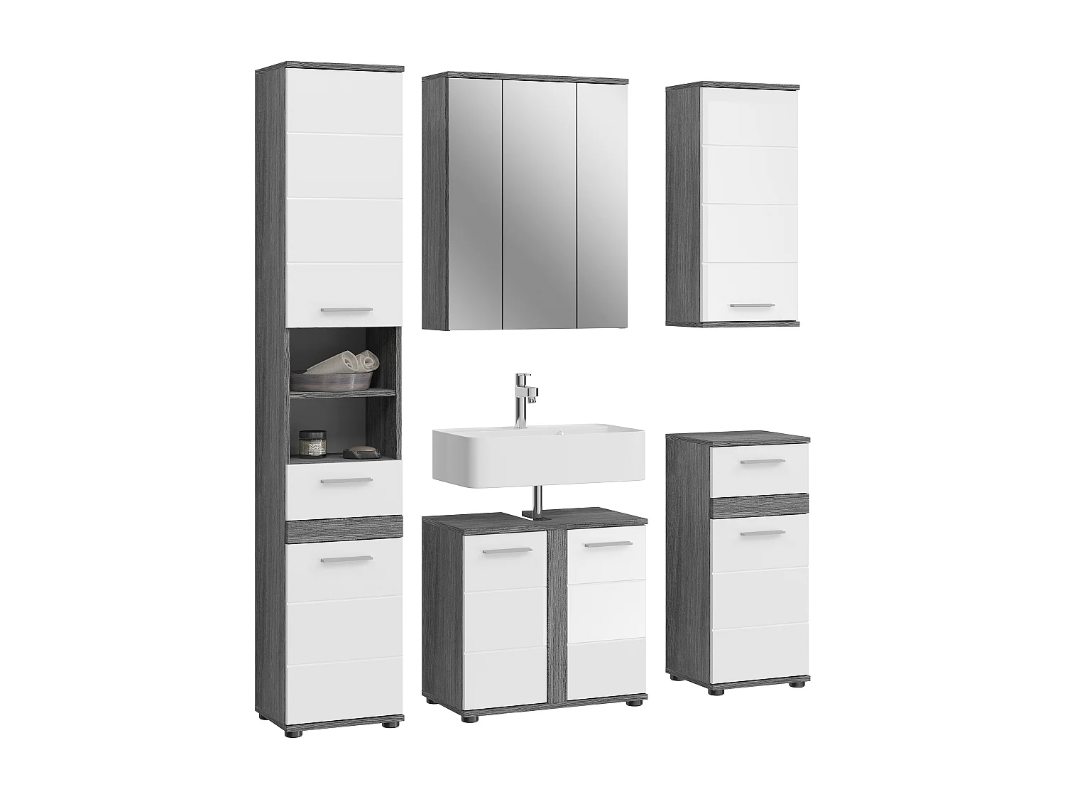 Kaleb - Ensemble de 5 meubles de salle de bains en mélaminé blanc et argenté, vasque non incluse (L/H/P : 164x191x34 cm)