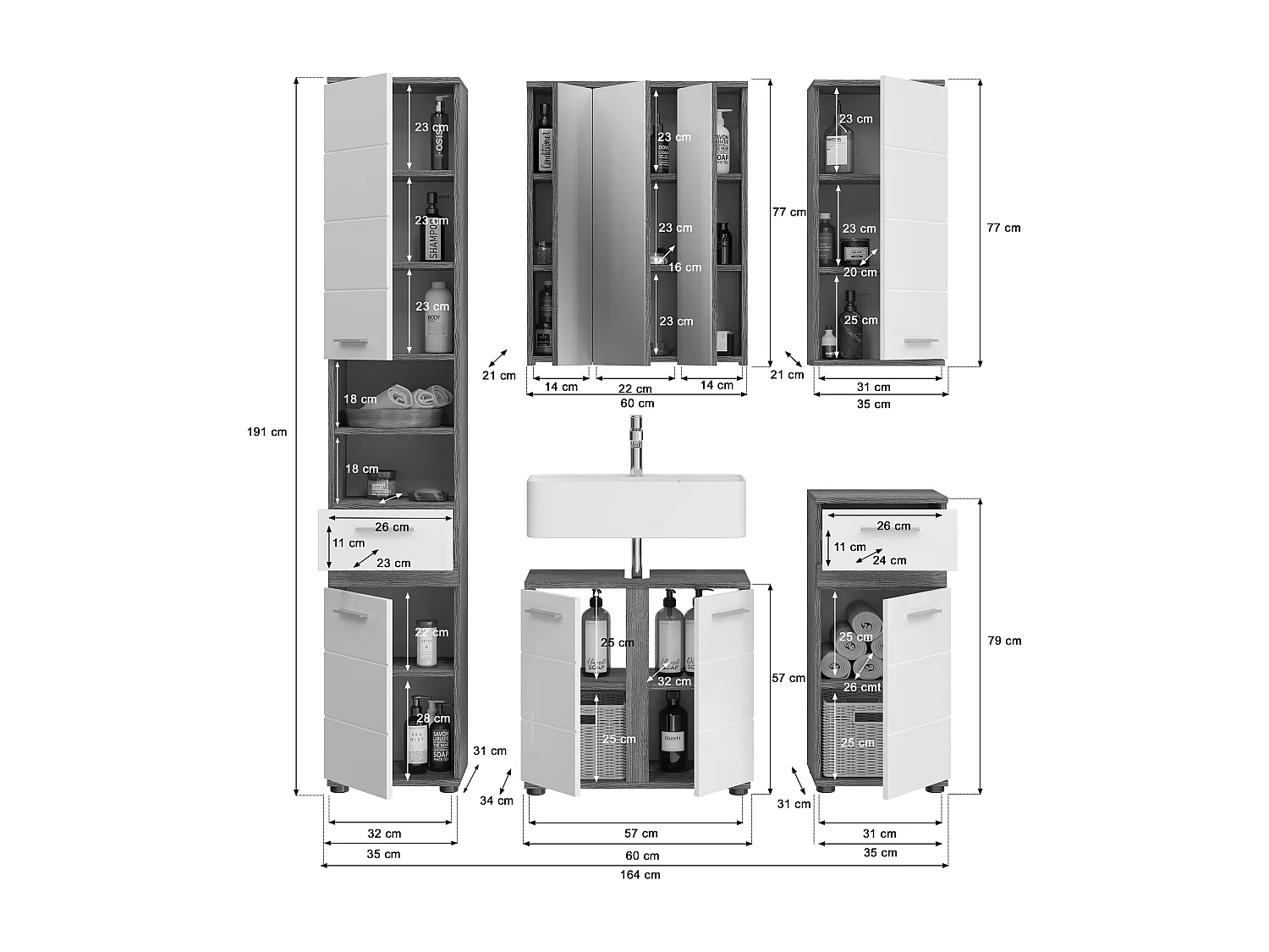 Kaleb - Ensemble de 5 meubles de salle de bains en mélaminé blanc et argenté, vasque non incluse (L/H/P : 164x191x34 cm)