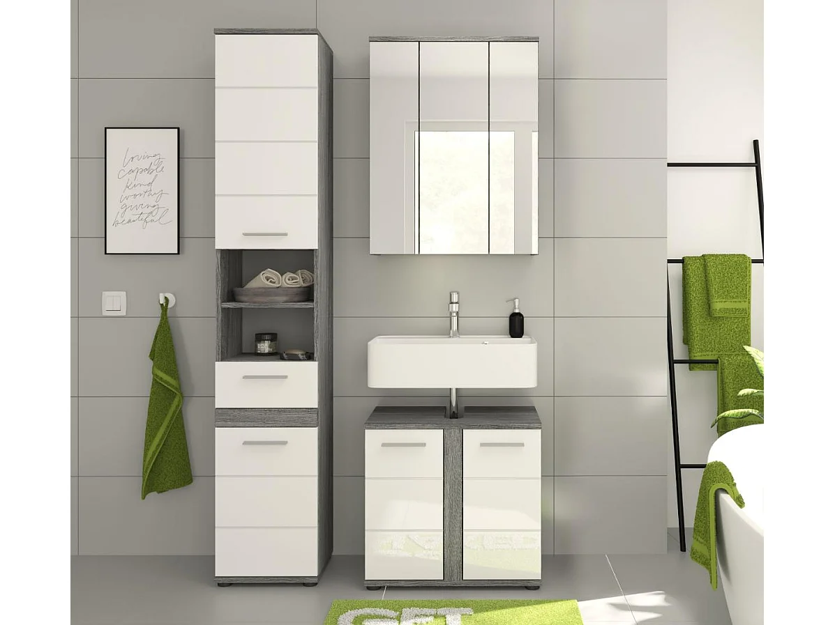 Blake - Ensemble de 3 meubles de salle de bains en mélaminé blanc et argenté, vasque non incluse (L/H/P : 114x191x34 cm)