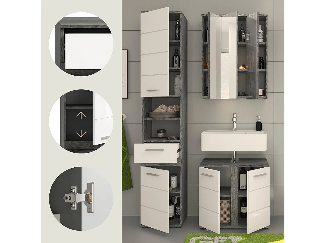 Blake - Ensemble de 3 meubles de salle de bains en mélaminé blanc et argenté, vasque non incluse (L/H/P : 114x191x34 cm)