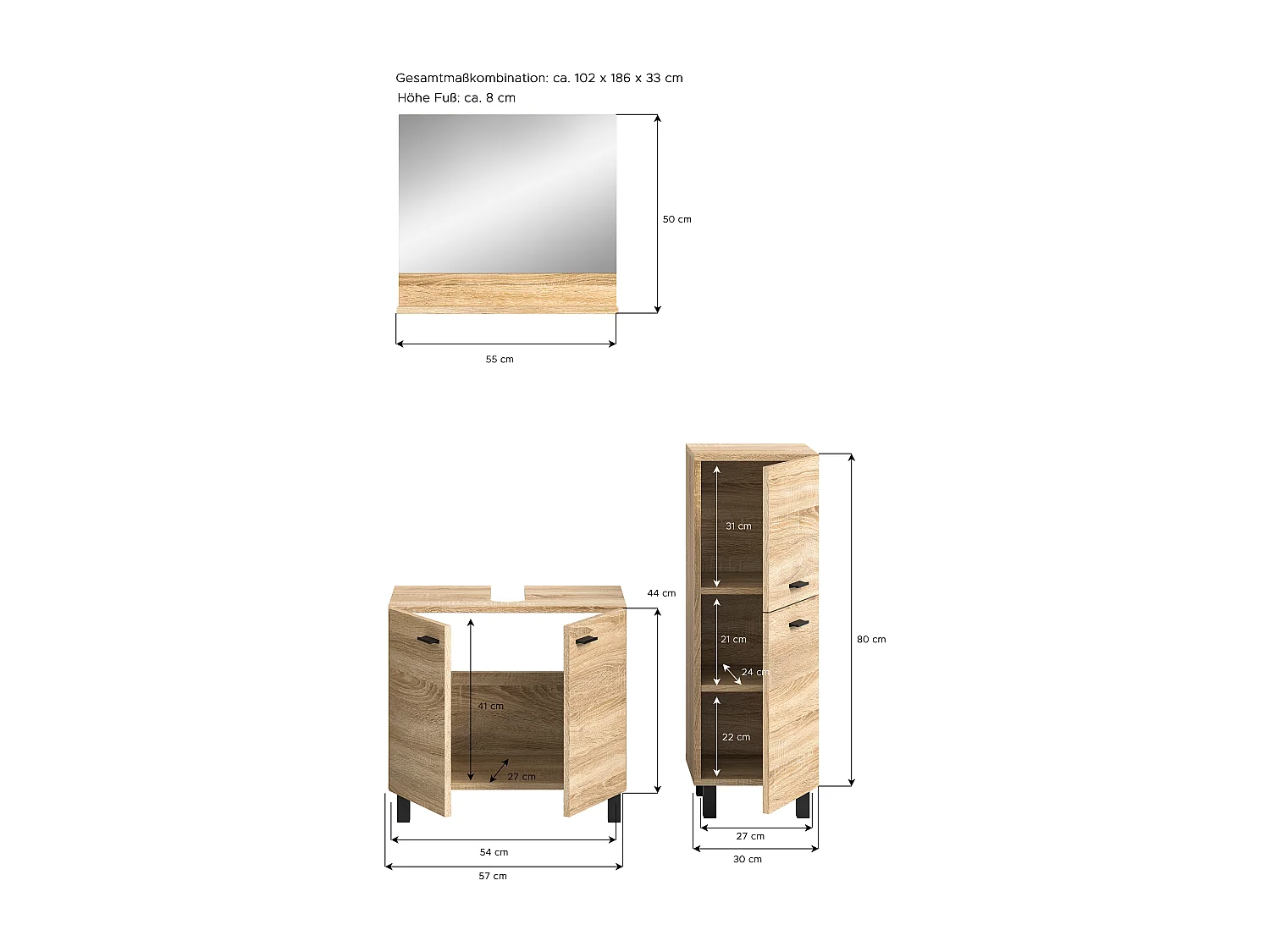 Tambo - Ensemble de 3 meubles de salle de bains (L/H/P : 102x186x33 cm) en mélaminé chêne, vasque non incluse