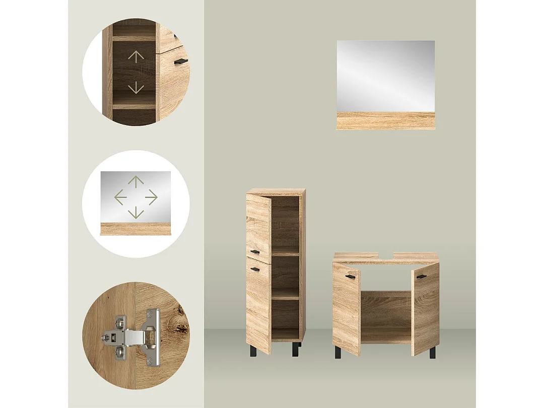 Boston - Ensemble de 3 meubles de salle de bains (L/H/P : 102x186x33 cm) en mélaminé chêne, vasque non incluse