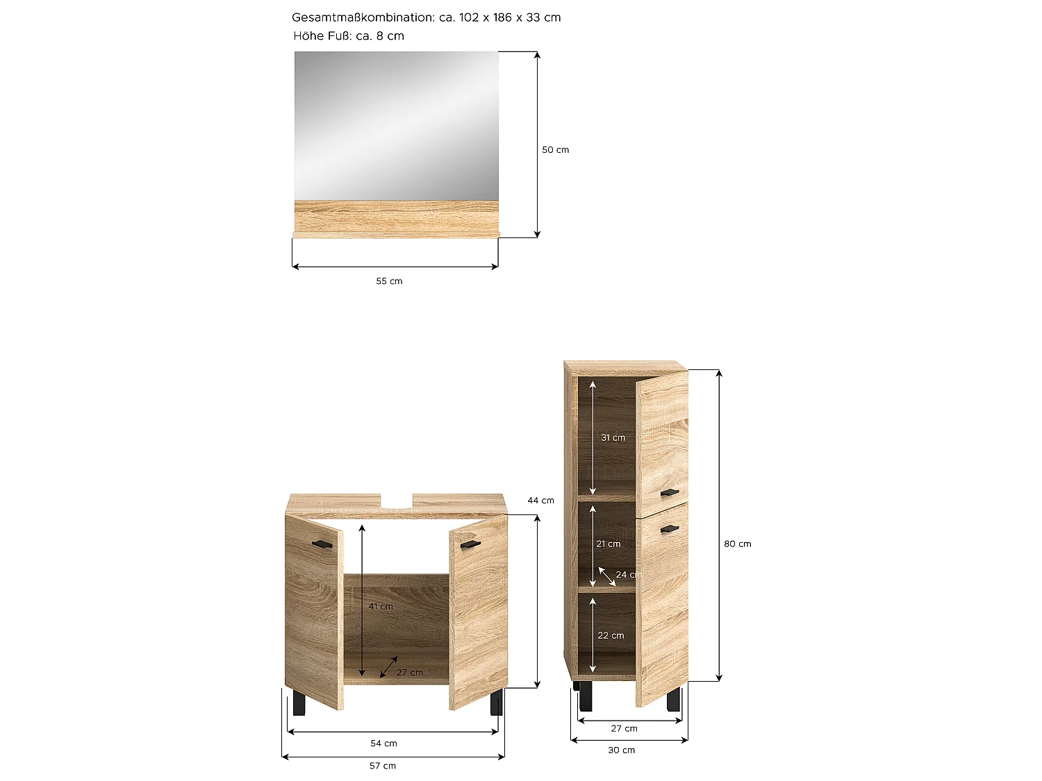 Boston - Ensemble de 3 meubles de salle de bains (L/H/P : 102x186x33 cm) en mélaminé chêne, vasque non incluse
