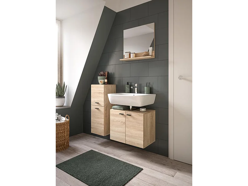 Boston - Ensemble de 3 meubles de salle de bains (L/H/P : 102x186x33 cm) en mélaminé chêne, vasque non incluse