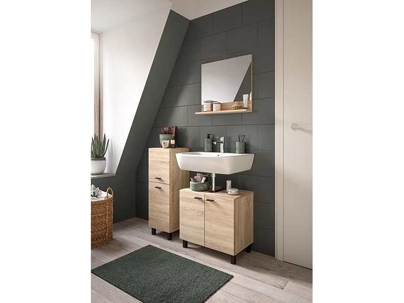 Boston - Ensemble de 3 meubles de salle de bains (L/H/P : 102x186x33 cm) en mélaminé chêne, vasque non incluse