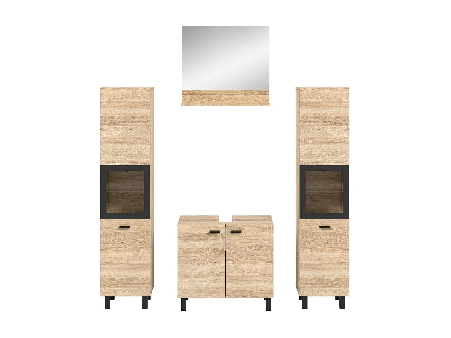 Boston - Ensemble de 4 meubles de salle de bains (L/H/P : 137x186x33 cm) en mélaminé chêne, vasque non incluse