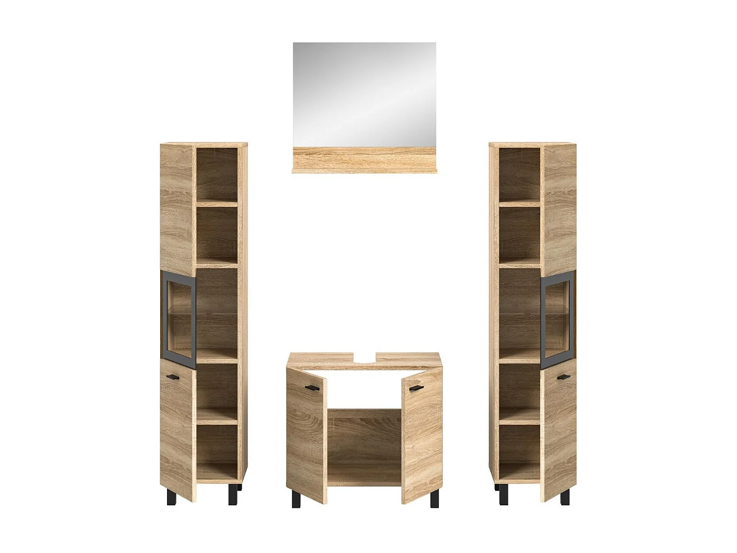 Boston - Ensemble de 4 meubles de salle de bains (L/H/P : 137x186x33 cm) en mélaminé chêne, vasque non incluse