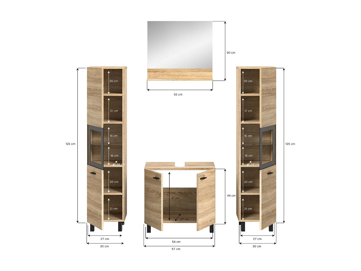 Boston - Ensemble de 4 meubles de salle de bains (L/H/P : 137x186x33 cm) en mélaminé chêne, vasque non incluse